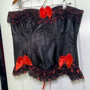 Grunge Black Satin Lace Corset with Red Bows